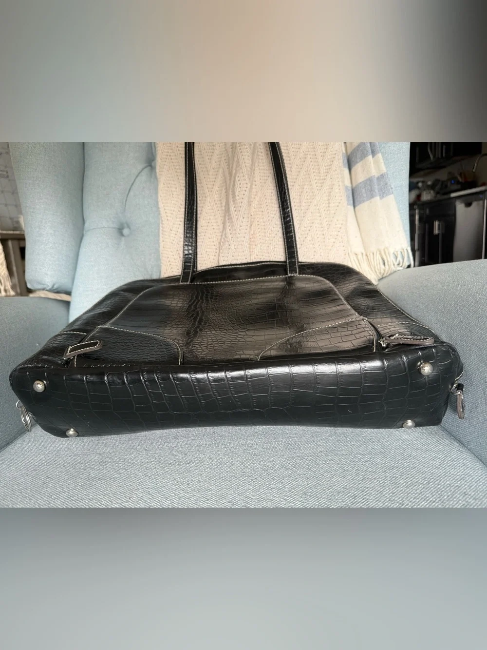 Chic, Retro Merona Black Croc-Embossed Vegan Leather Laptop Tote